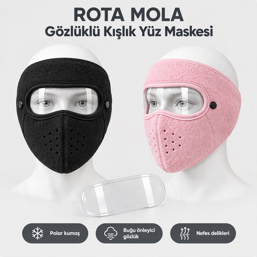 Rota Mola gözlüklü kışlık yüz maskesi siyah ve pembe